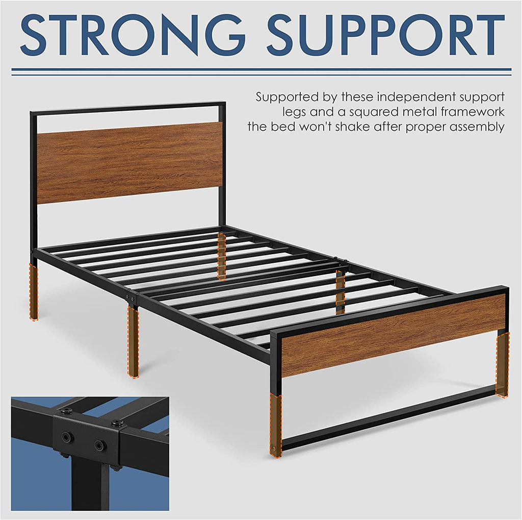 Yaheetech Twin Size Bed Frame, Single Metal Platform Bed with Rustic Wooden Headboard and Footboard, No Box Spring Needed/12 Inch Underbed Storage Space/No Noise/Easy Assembly, Walnut
