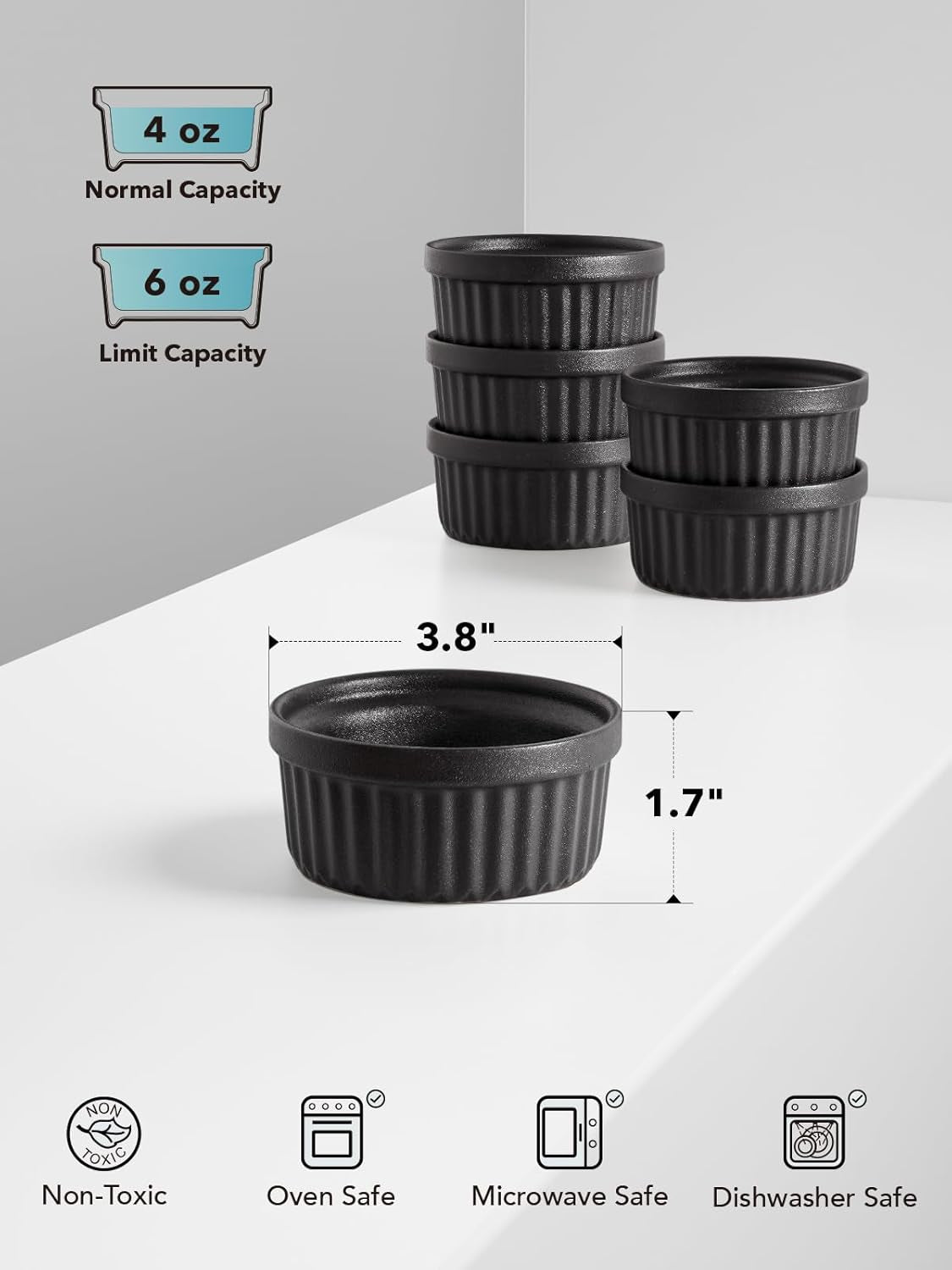 Ramekins 4 OZ Oven Safe, Creme Brulee Ramekins, Pudding Custard Cups Souffle Ramiken, Dipping Sauce Dishes, Ceramic Ramekin Bowls Set of 6, Matte Black