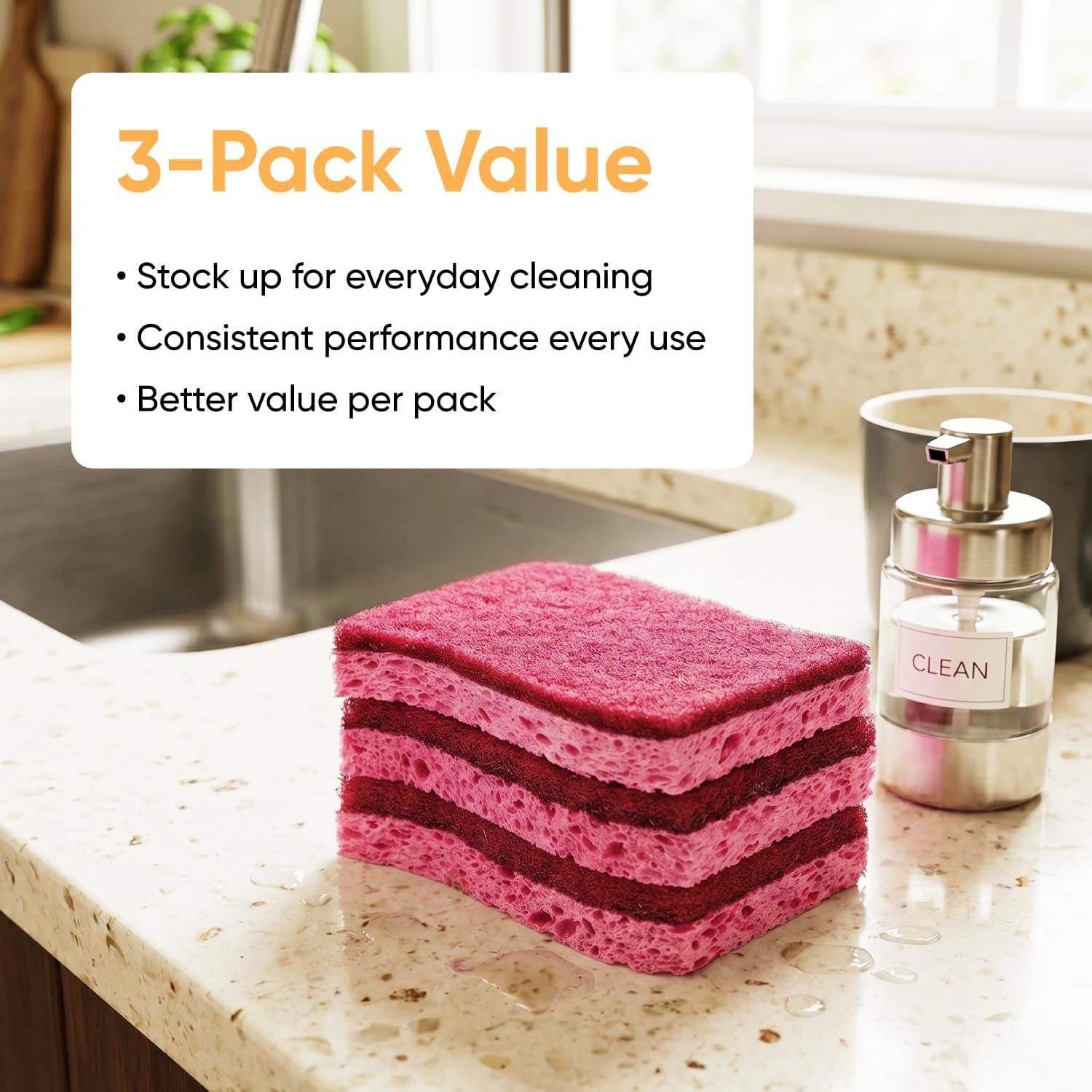 Kitchen Sponges for Washing Dishes, Non-Scratch Cellulose Dish Scrub Sponges, Cleaning Sponges for Household Use, Safe Cleaning Products, Kitchen Sponges Pack of 12, by