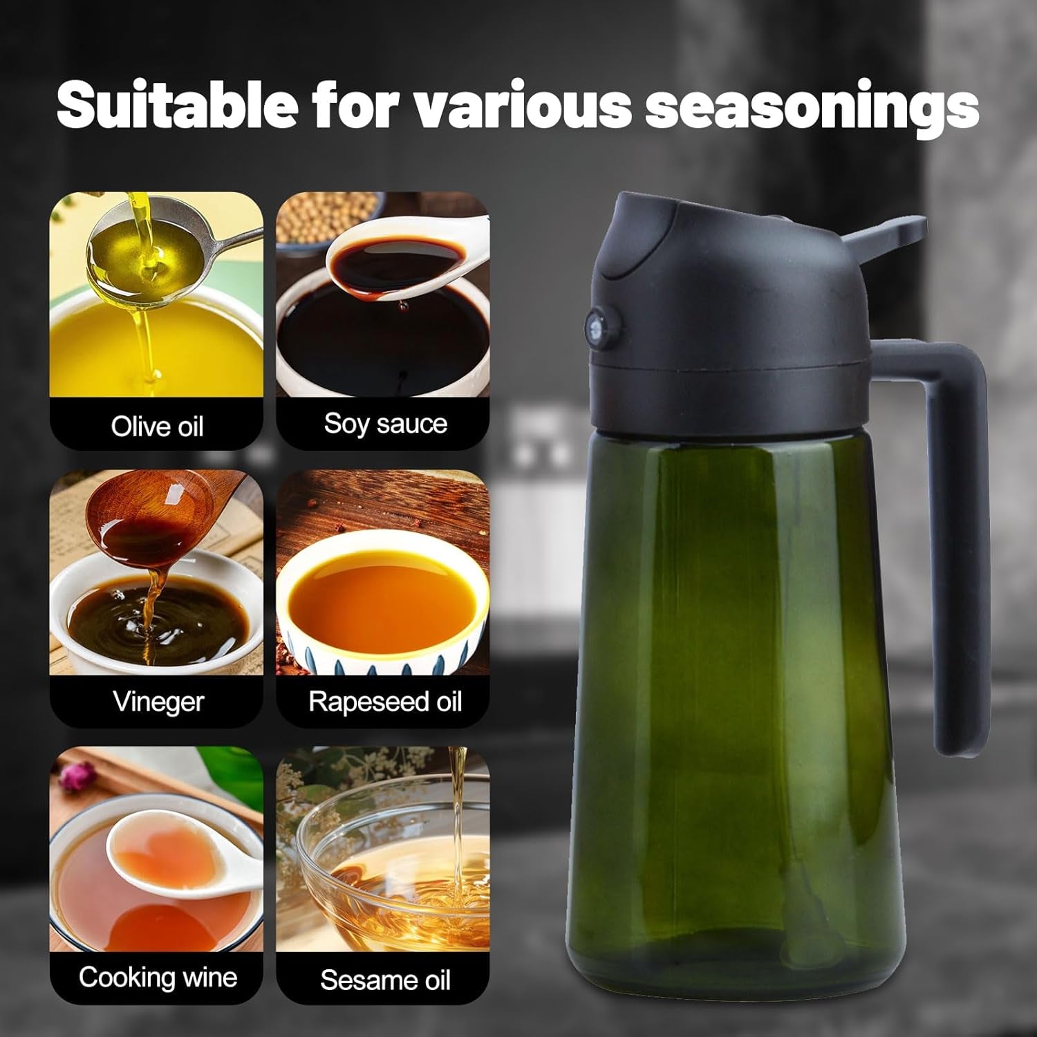 2 in 1 Oil Dispenser and Oil Sprayer, 16 Oz/470 Ml Oil Dispenser for Kitchen Spray, with Fine Mist Nozzle, Suitable for Cooking, Air Fryer, Salad, Grilling(Black-1)