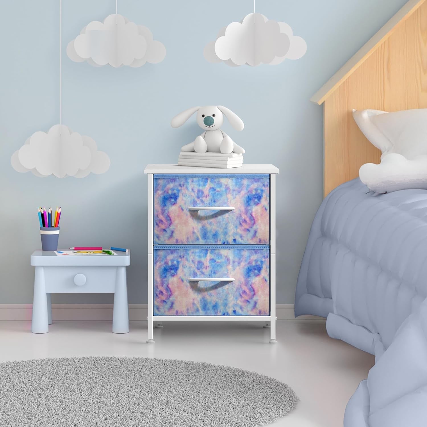 Nightstand with 2 Drawers - Kids Bedside Furniture End Table Night Stand - Steel Frame, Wood Top & Easy Pull Fabric Bins - Dresser & Chest for Home, Bedroom Accessories, Office & College Dorm