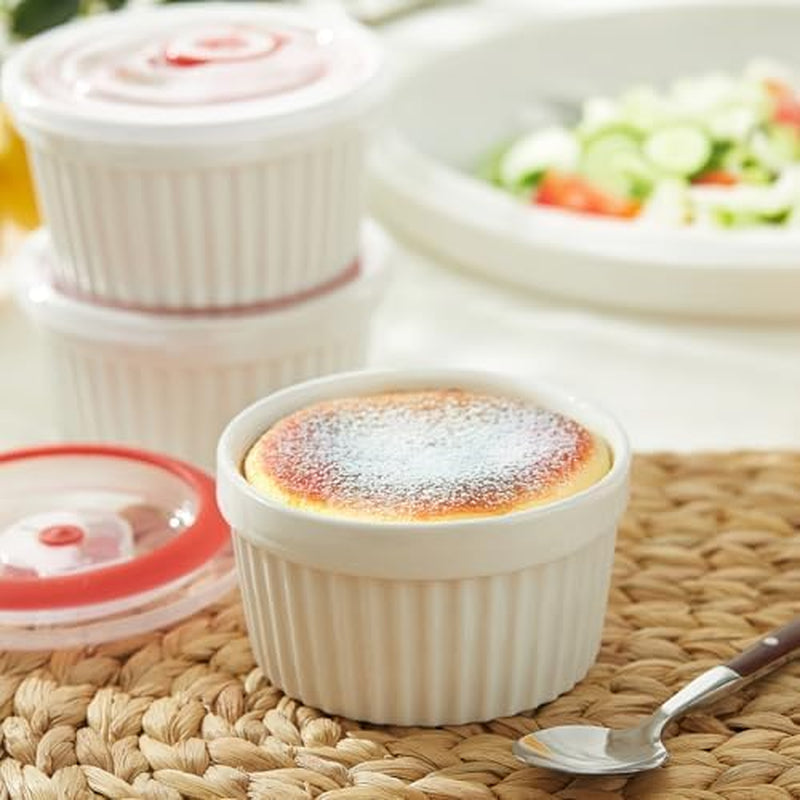6-Pack 4 Oz Porcelain Ramekins with Lids, White Souffle Dishes for Baking, Creme Brulee Cups, Oven-Friendly Pudding Custard Bowls – Versatile Kitchen Essentials for Baking and Storing