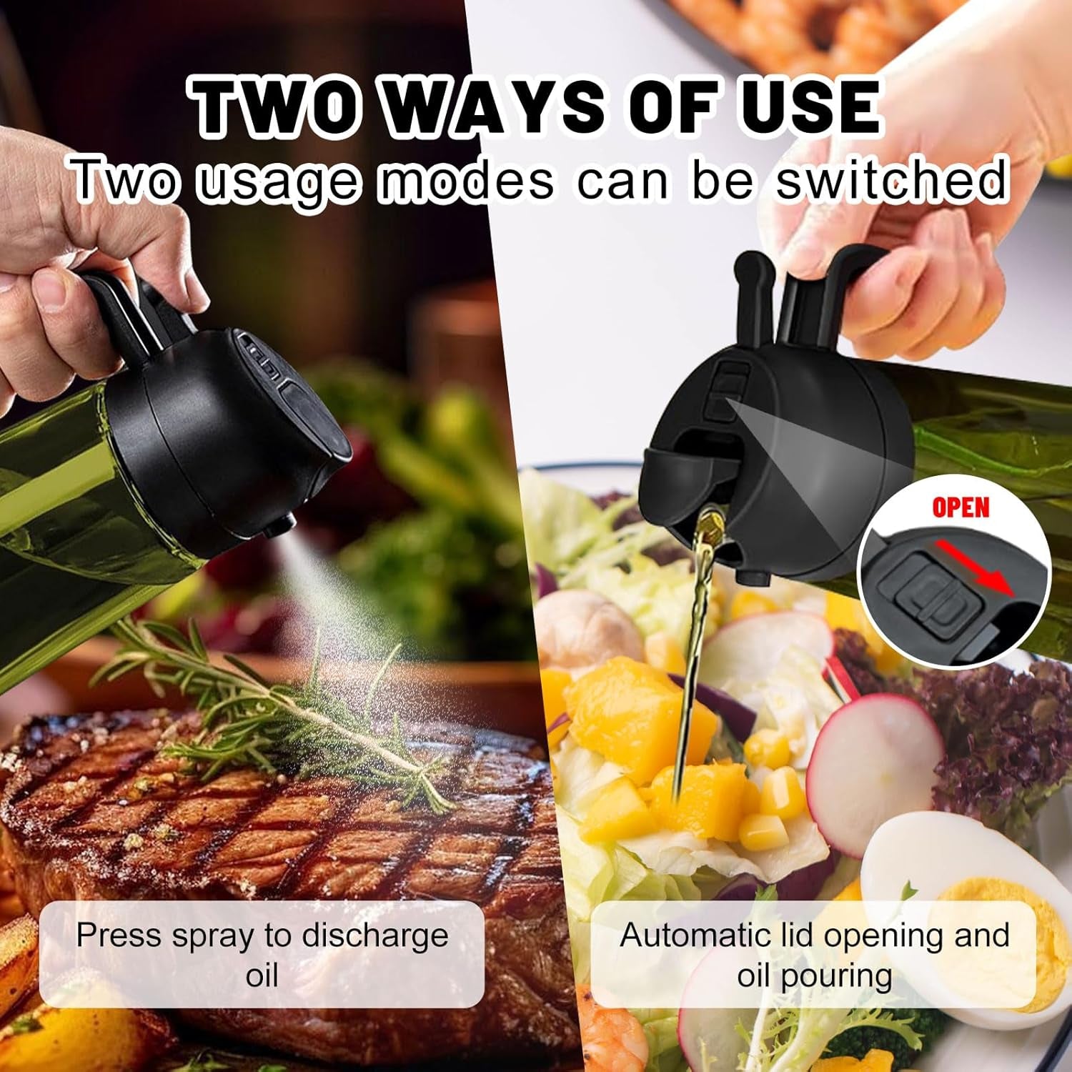 2 in 1 Oil Dispenser and Oil Sprayer, 16 Oz/470 Ml Oil Dispenser for Kitchen Spray, with Fine Mist Nozzle, Suitable for Cooking, Air Fryer, Salad, Grilling(Black-1)