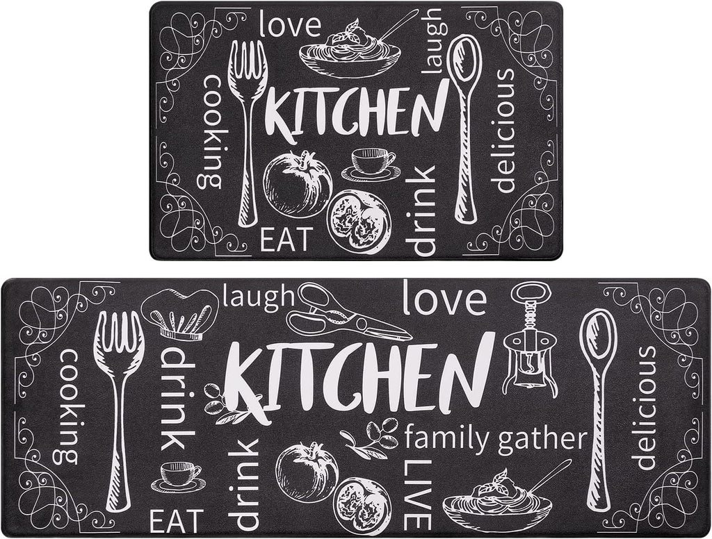 Kitchen Rugs Set of 2, Cushioned anti Fatigue Kitchen Mats for Floor, Non Slip Waterproof Comfort Standing Desk Mat Carpet for Sink, Stove, Laundry Room, Black