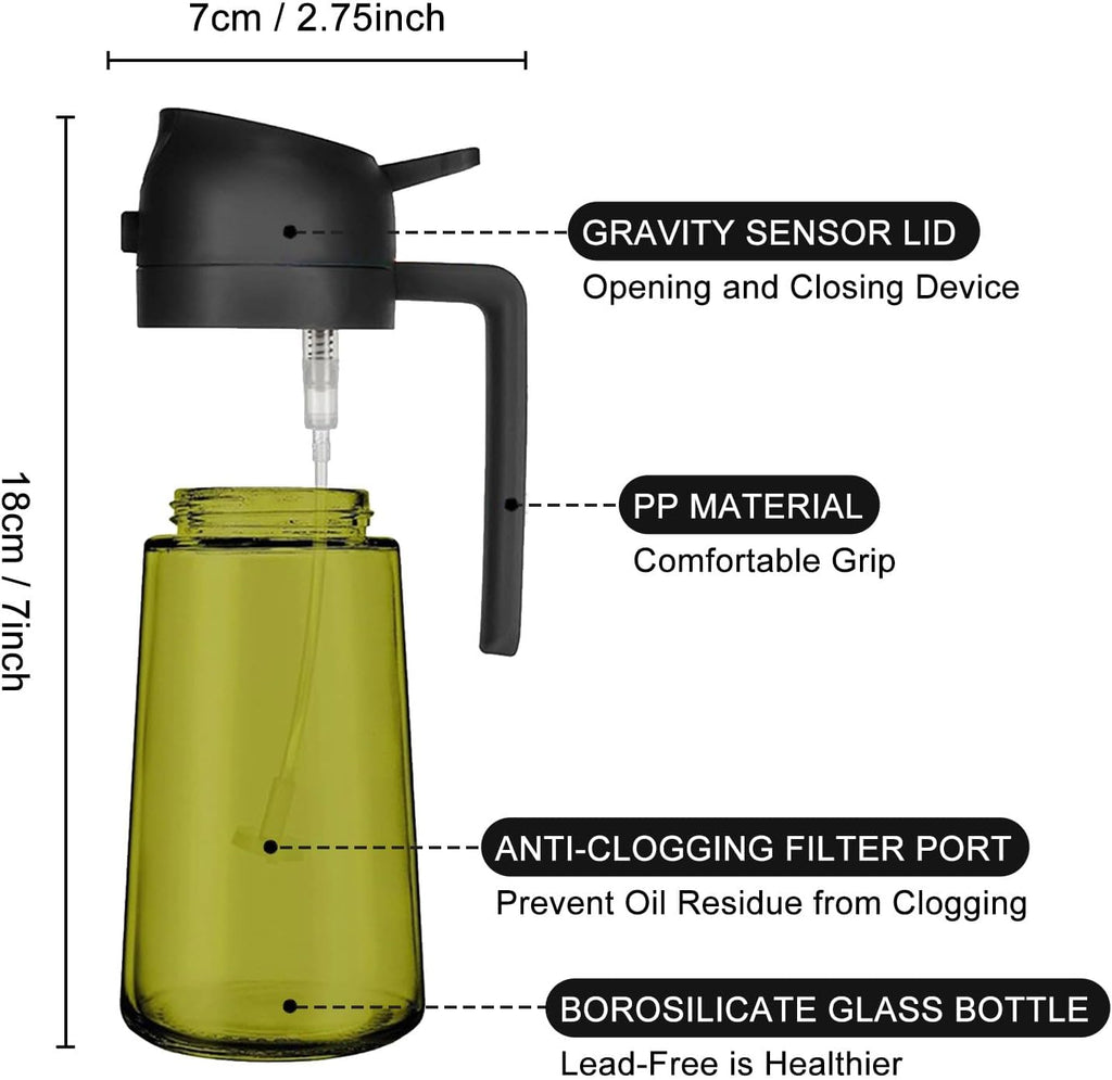2 in 1 Oil Dispenser and Oil Sprayer, 16 Oz/470 Ml Oil Dispenser for Kitchen Spray, with Fine Mist Nozzle, Suitable for Cooking, Air Fryer, Salad, Grilling(Black-1)