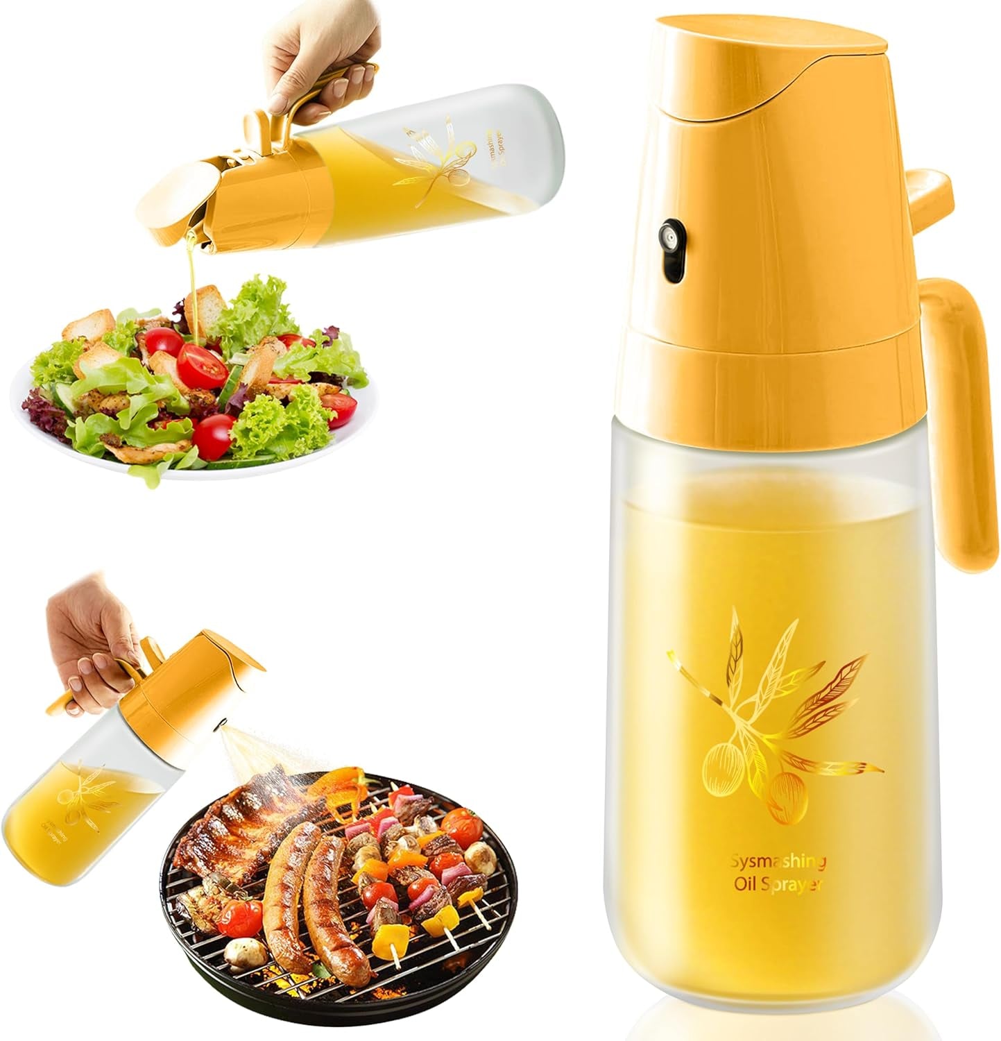 2-In-1 Oil Dispenser & Sprayer for Kitchen, Cooking, Salad, Deep Frying, Vinegar, Barbecue - 500Ml Olive Oil Spray Bottle (Yellow)