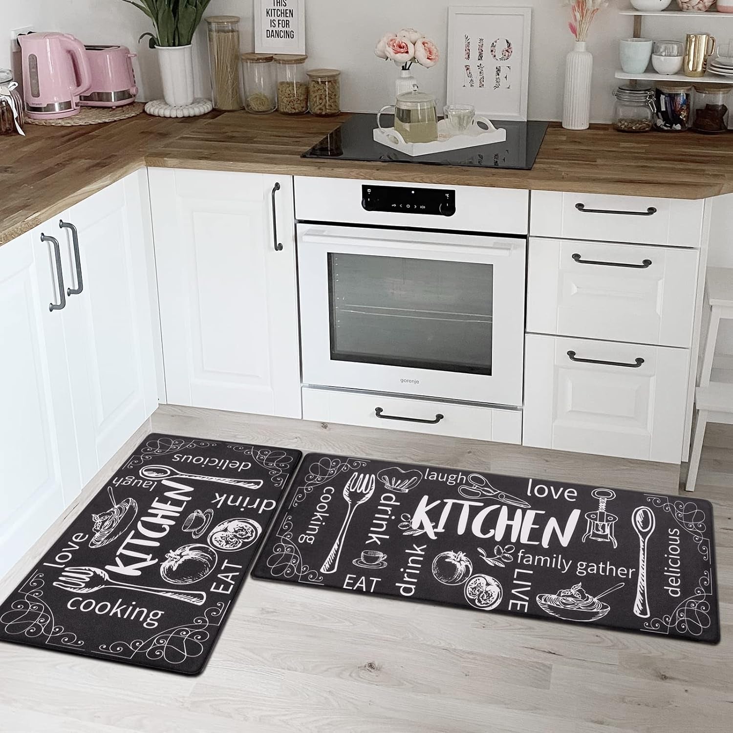 Kitchen Rugs Set of 2, Cushioned anti Fatigue Kitchen Mats for Floor, Non Slip Waterproof Comfort Standing Desk Mat Carpet for Sink, Stove, Laundry Room, Black